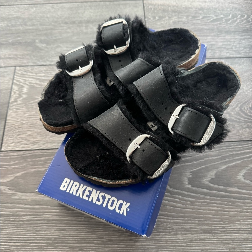 Birkenstock Black Furry Slides with Silver Buckles